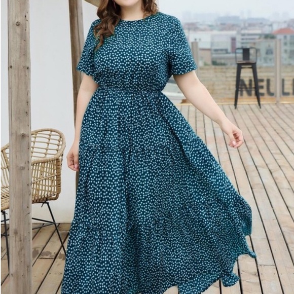 Plus Size Floral Print Teal Blue Ruffle Dress - Picture 2 of 5